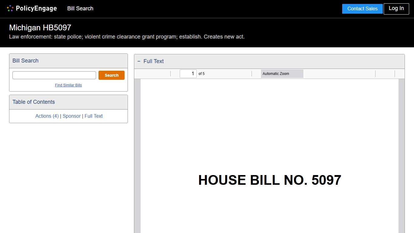 HB5097 Michigan 2025-2026 Law enforcement: state police; violent crime clearance grant program; establish. Creates new act. - Legislative Tracking PolicyEngage